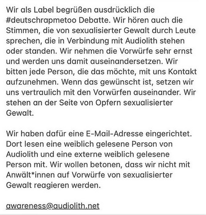 Karangtateng's tweet photo. Wenn ihr von sexualisierter Gewalt durch Leute, die mit @Audiolith in Verbindung stehen oder standen, betroffen seid, könnt ihr euch an awareness@audiolith.net wenden.
Danke #audiolith. Wie immer stabil ♥️
#deutschrapmetoo https://t.co/QmldXJP7TX