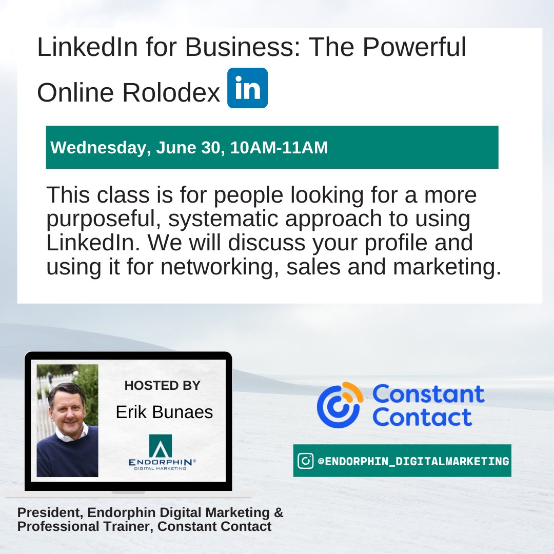 EndorphinAdvs's tweet photo. Join us! By the end of this free webinar you will be a LinkedIn pro! 

Register Here: https://t.co/FCqfyN2kai https://t.co/am8OrSE5UI