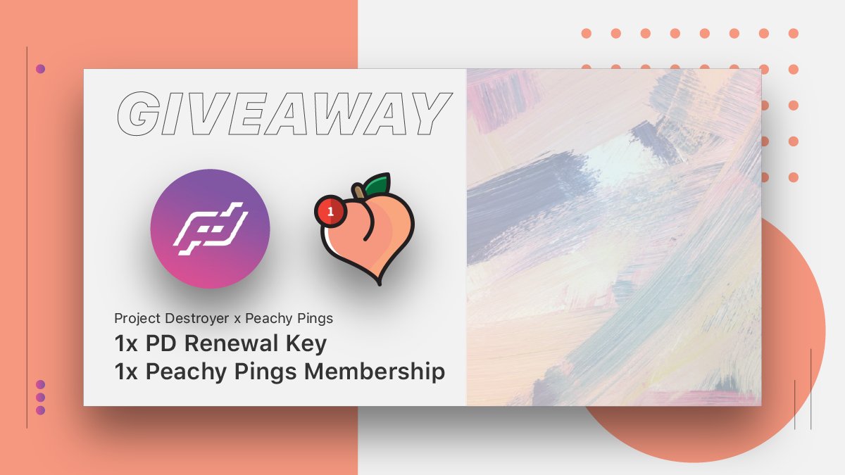 PD x Peachy Pings Giveaway! 

Prizes 🎁
1x <a href="/destroyerbots/">Project Destroyer</a> Renewal Key 
1x <a href="/peachypings/">Peachy Pings®</a> Membership

To Enter 📜
👌Follow both accounts
💜Like 
🔄RT
That's it! 

Ends in 48 hours! GO! 🏃‍♀️🏃‍♂️🏃‍♀️