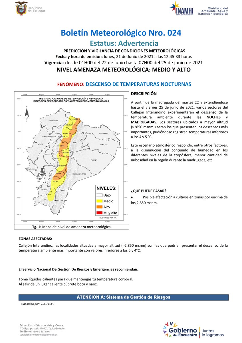 inamhi_ec's tweet photo. Descenso de la temperatura ambiente durante las noches y madrugadas entre los días martes 22 al viernes 25 de junio de 2021.

A continuación el boletín de alerta temprana con mayor detalle de los episodios previstos en los próximos días. https://t.co/hYdF3XYhYI