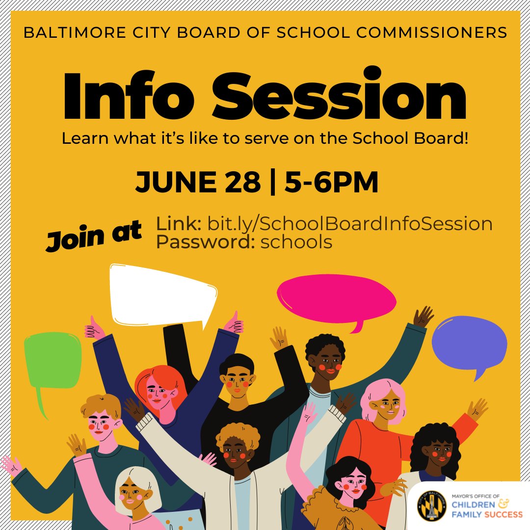 bmorechildren's tweet photo. Thinking about joining the Baltimore City Board of School Commissioners to champion and strengthen @BaltCitySchools? Attend the information session for eligibility and role details: Monday, June 28 at 5pm. For more information: https://t.co/feTJ6xUvha https://t.co/sHsULS9Fsd