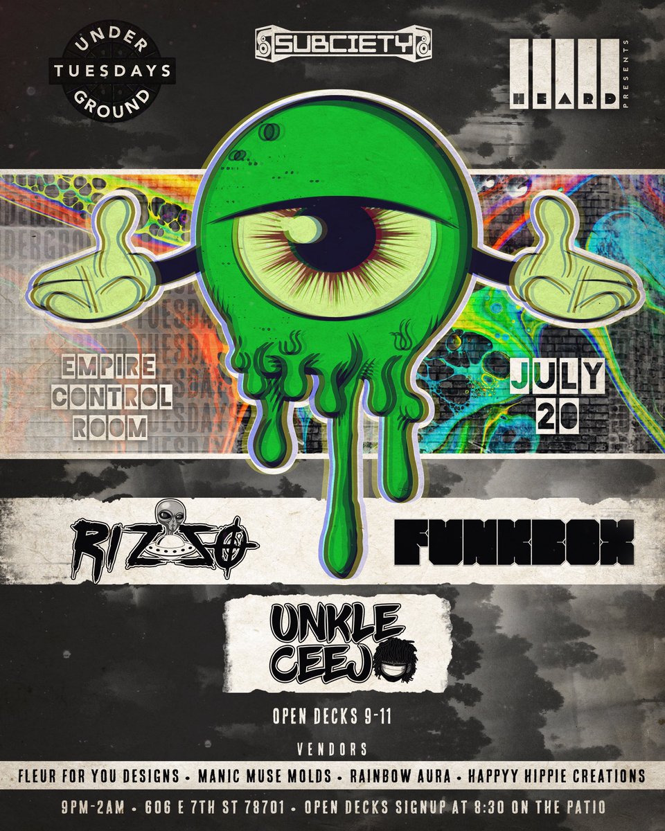 WE. ARE. BACK 

July 20th at @EmpireATX 

@rizz0_bass and @FunkBoxBeatz with support from Unkle Ceej

FREE ENTRY ALL NIGHT 

We are also bringing back open decks to kick off the night. Sign up on the patio at 8:30