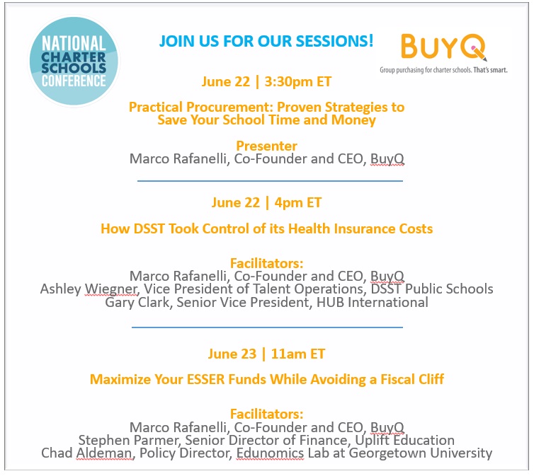 BuyQ is excited to be participating in this week's National Charter Schools Conference, including leading three program sessions. We hope you can join us! #NCSC21 #CharterSchools