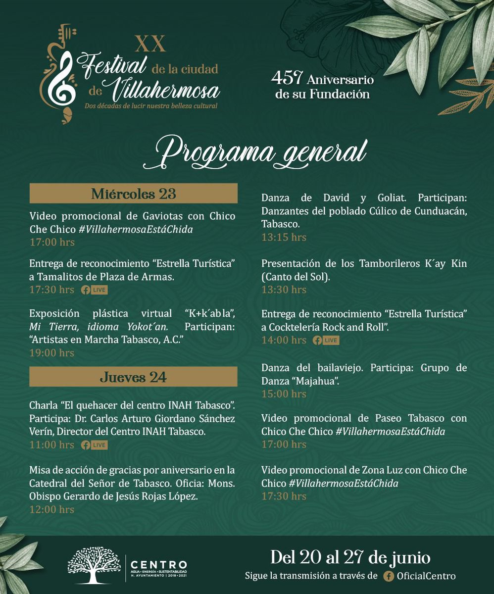 #XXFestivalDeLaCiudadDeVillahermosa 457 Aniversario de su Fundación #DisfrútaloDesdeCasa gama de eventos, artísticos, culturales, de concursos, charlas, exposición plástica y más del 20 al 27 de junio 2021. Programación 
facebook.com/64740916206453…