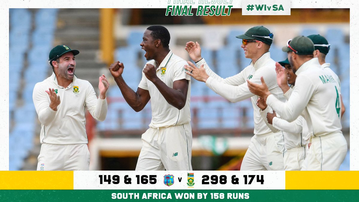 ProteasMenCSA's tweet image. 🚨 RESULT | #PROTEAS WIN BY 158 RUNS

Keshav Maharaj wraps up the match with a 5-wicket haul to dismiss @windiescricket for 165. 

The #Proteas wrap up the series 2-0

#WIvSA #ThatsOurGame