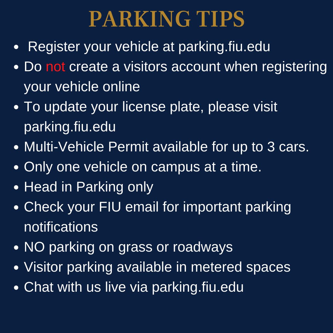 Welcome Panthers!

Here are a few things to keep in mind:
- You don't have to make an account because one is made for you
- Follow the steps in the picture

Wondering where to park? Student can park an unmarked space with a valid permit. 

#fiu #fiuparking