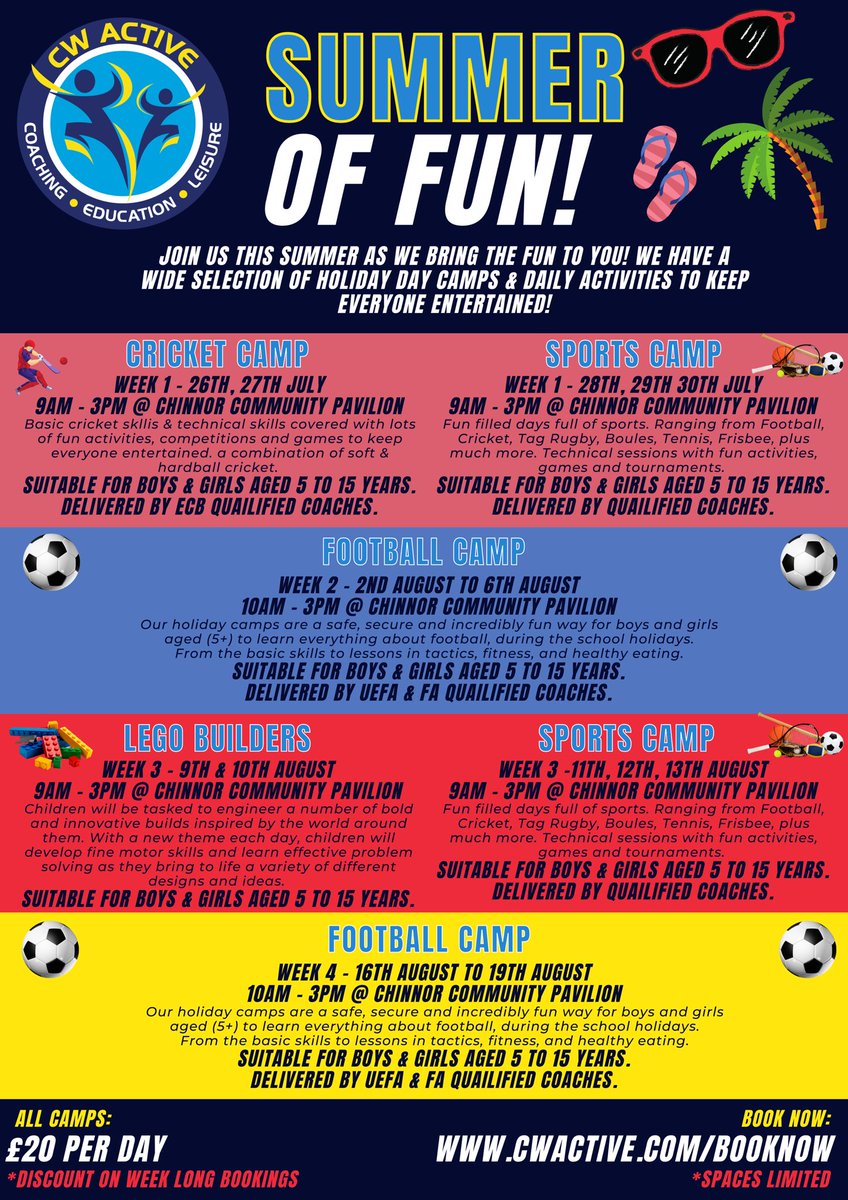 Our Summer of Fun has landed! ☀️ 💪🏽

🏏 Cricket Camp (soft &amp; hard ball) 
🏆 Sports Camp
🔨 Lego Builders
⚽️ Football Camp

For more information or to book your child’s place please visit cwactive.com/booknow 

*spaces limited, don’t miss out book now!
