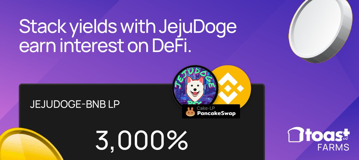 toastswap's tweet photo. @jejudoge Farm is now LIVE! Stake JEJUDOGE-BNB and earn !!! 🚀

https://t.co/WtTLiAiSUq

#BSCGems #BSCPAD #buythedip #YieldFarming https://t.co/G1jTLFowgb