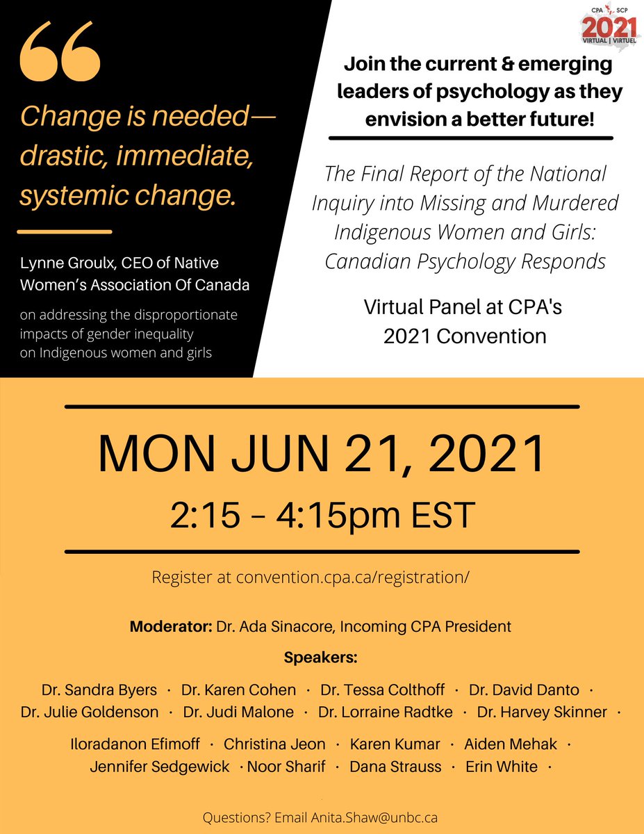 CPA_SWAP's tweet photo. (1/) HAPPENING NOW: Panel at #CPA2021 on missing &amp; murdered Indigenous women &amp; girls &amp; psychology's role in creating change! @CPA_SCP #MMIWG #NIHM2021 https://t.co/RZlrZQEwrl