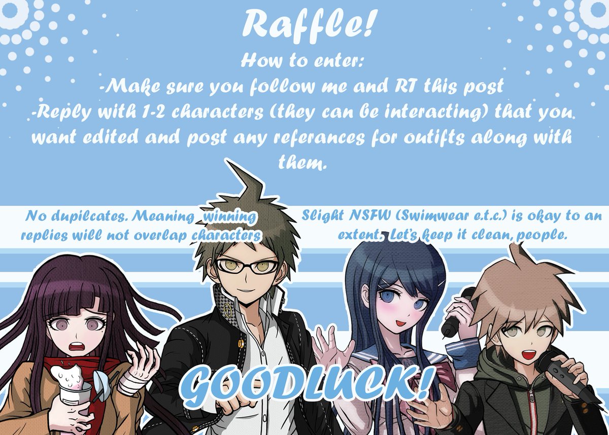 ✨DR SPRITE EDIT RAFFLE!✨ 3 people have a chance to have 1-2 sprites edited! Follow the instructions below and the winners will be randomly decided in 24 hours! I will quote retweet this post when time is up, so keep an eye out. Reply with any questions and good luck!