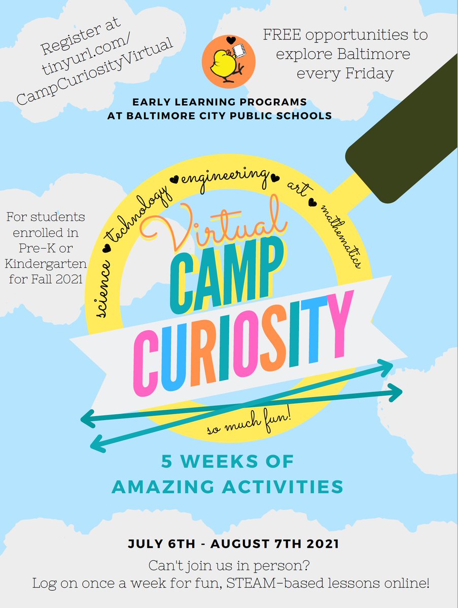 Virtual Camp Curiosity has fun exploration activities every Friday! Sign up for weekly virtual lessons at tinyurl.com/CampCuriosityV… for the opportunity to join us at awesome Baltimore locations. Must be enrolled in Pre-K and K for 2021.  ENROLL in school at baltimorecityschools.org/pre-k-and-k