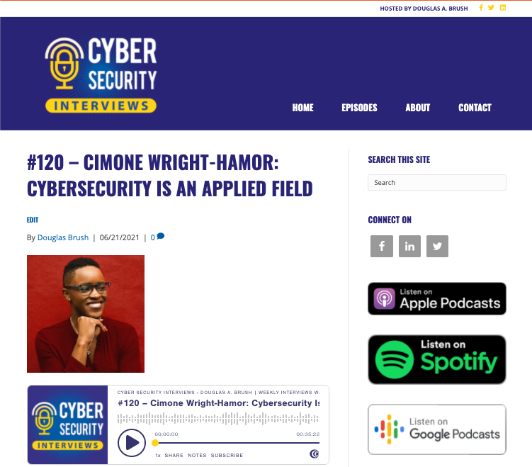 CyberSecInterviews (@csi_podcast) on Twitter photo Ep. 120 is out with a rising star in #cybersecurity, Cimone Wright-Hamor, from <a href="/PNNLab/">Pacific Northwest National Laboratory</a>! cybersecurityinterviews.com/episodes/120-c… We discuss getting started in #informationsecurity with #DFIR, #DevSecOps, increasing #diversity in the industry, and so much more. Ep. 120 is out with a rising star in #cybersecurity, Cimone Wright-Hamor, from <a href="/PNNLab/">Pacific Northwest National Laboratory</a>! cybersecurityinterviews.com/episodes/120-c… We discuss getting started in #informationsecurity with #DFIR, #DevSecOps, increasing #diversity in the industry, and so much more.