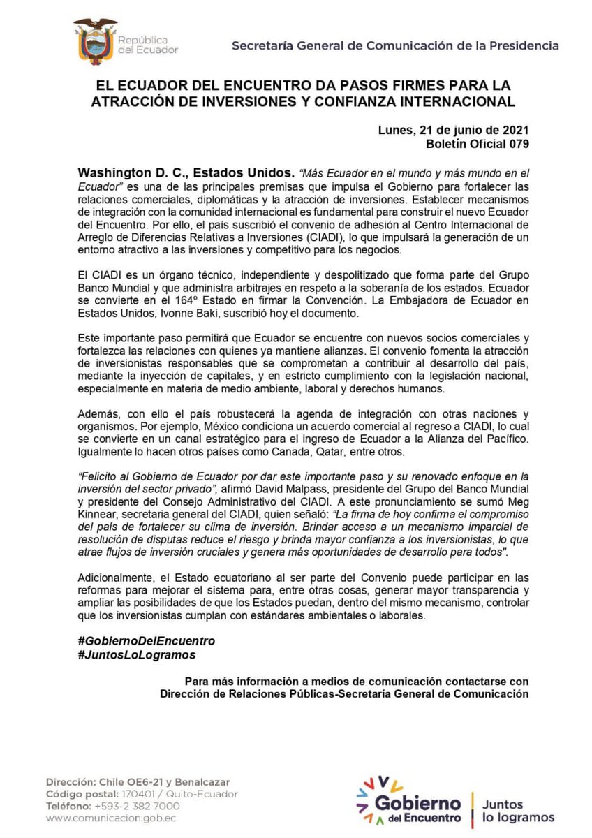ComunicacionEc's tweet photo. Boletín Oficial 079 🇪🇨

El Ecuador del Encuentro da pasos firmes para la atracción de inversiones y confianza internacional.

📰➡️https://t.co/ohp3iK29bZ

#GobiernoDelEncuentro 
#JuntosLoLogramos https://t.co/77agoYYvBl