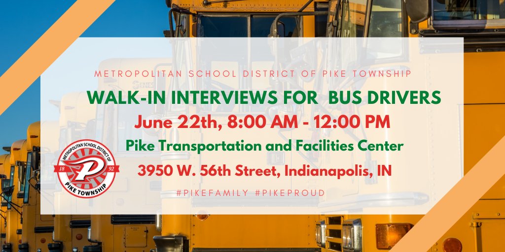 Our Transportation Department is taking walk-in interviews for bus drivers. Competitive salaries, 40hr week opportunities, Healthcare &amp; Retirement packages available. Interested? Join us at 3950 W. 56th Street tomorrow June 22th, from 8:00 AM to 12:00 PM. #PikeFamily #PikeProud