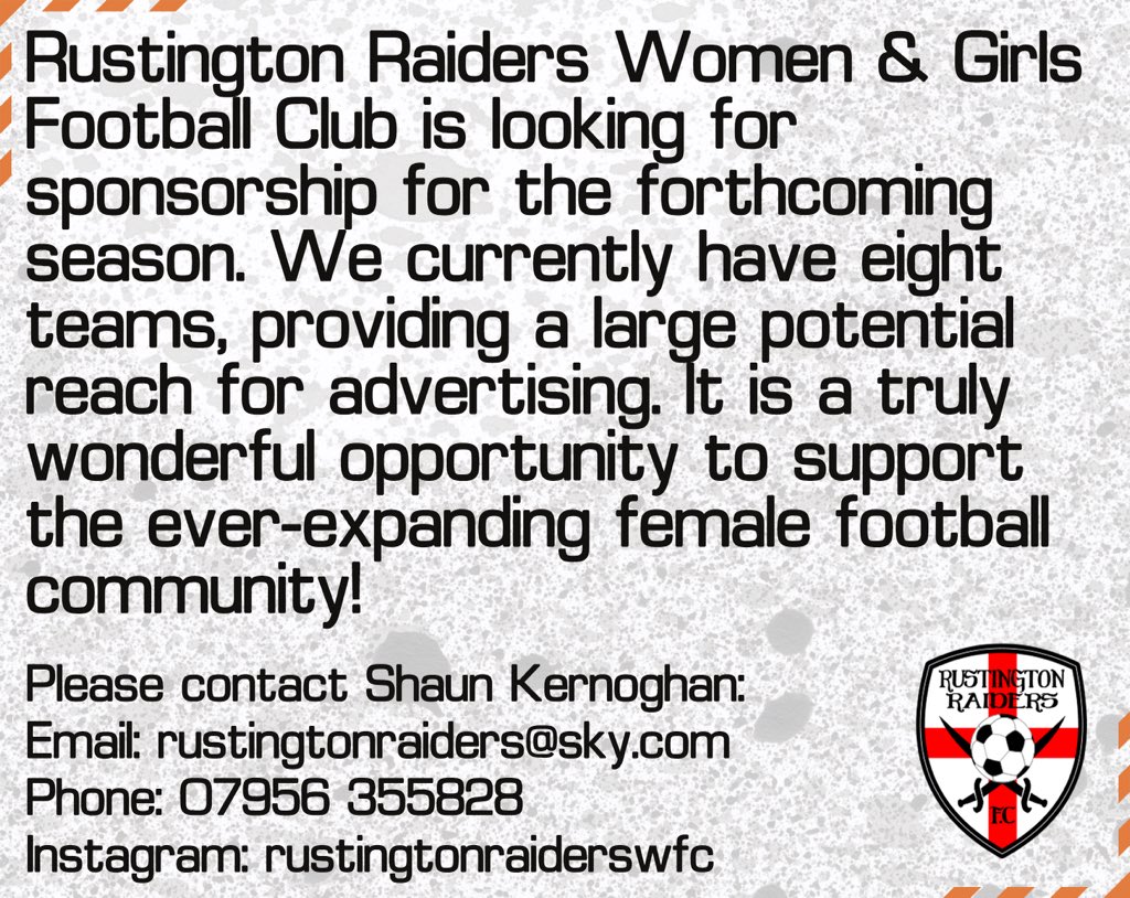 RustingtonRaid's tweet image. Rustington Raiders are looking for new sponsors! Please help us and get involved with sponsoring our women and girls football teams as well as promoting your business.

#football #womensfootball #thisgirlcan #uptheraiders