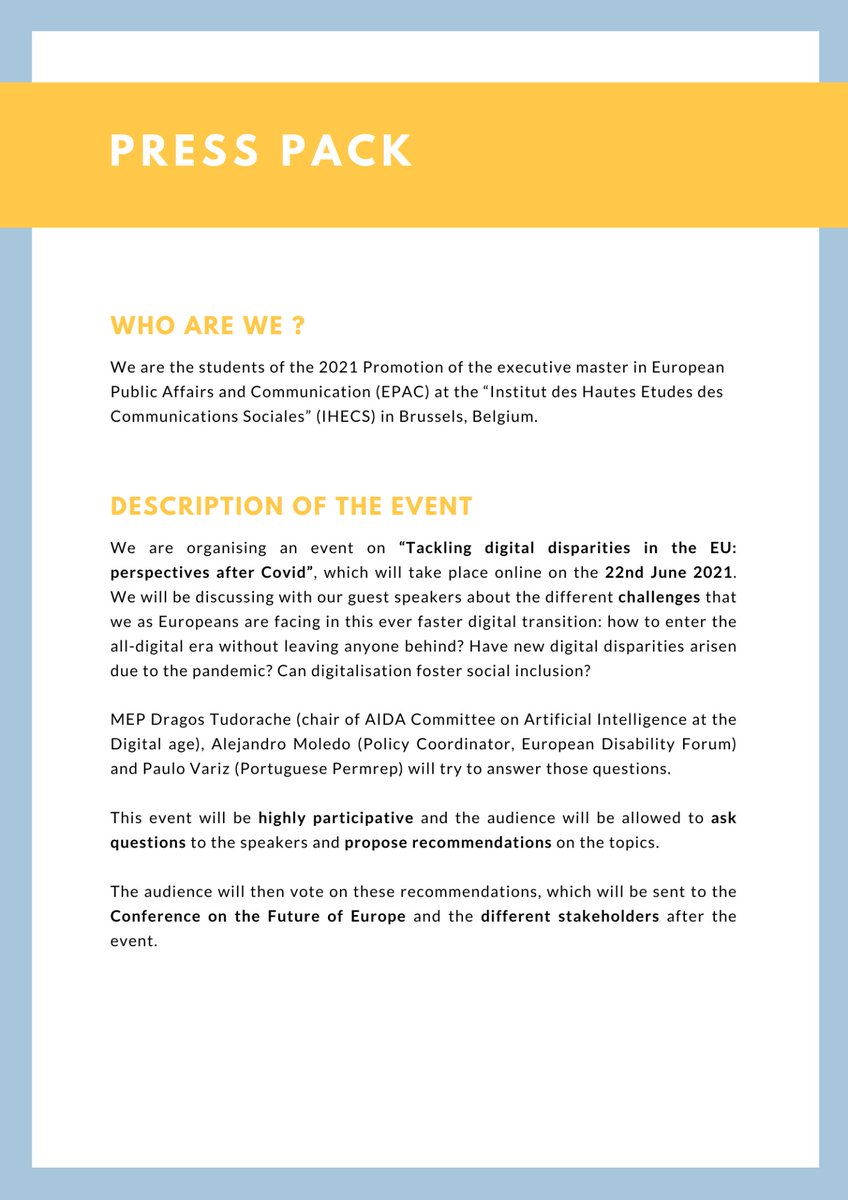 2021Epac's tweet photo. ⏰Less than 24h to hear from you! 
The event "Tackling #digital disparities in the #EU: Perspectives after #Covid" is tomorrow at 6pm.
📒Take a look to our PRESS PACK &amp; share your story with us!
#Digitaldisparity
#ShareWithEPAC https://t.co/klghM545Q0