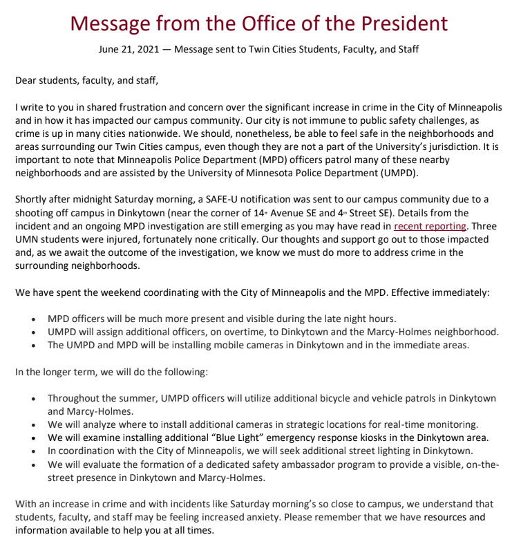 SharonYooKING5's tweet photo. 5 people were shot and wounded this past weekend in Dinkytown. This is what @UMNews president sent out this morning, in response. Spoke to a parent today who says many others are 'panicking,' especially those who are not from MN but have kids attending UMN. @kare11 https://t.co/uqtiNdqtJ7