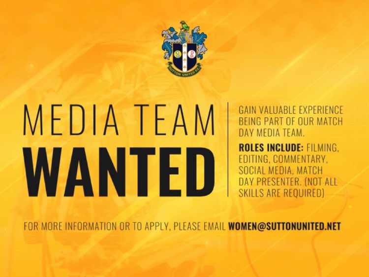Do you have an interest in football commentary? Want to learn the ropes of filming matches? Or be the match day voice as our stadium presenter? 

We have a great opportunity at Sutton United Women's FC as we are expanding our media team.