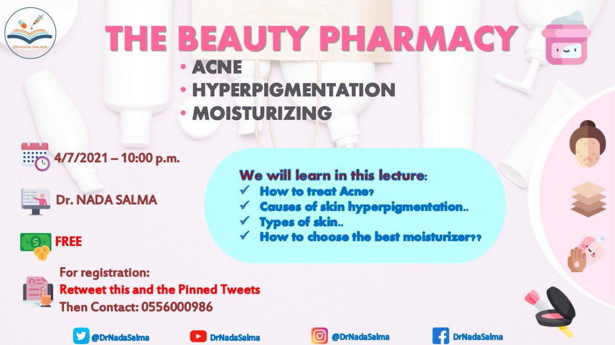 drNadaSalma's tweet photo. مهتم بمجال #العناية_بالبشرة💅🏻🧼💄
تود التعلم عن كيفية علاج مشاكلها👏🏻⁉️
مرحباً بك في
.
🎈صيدلية الجمال🎈
.
💘THE BEAUTY PHARMACY💘
.
🤩سلسلة من المحاضرات والتغريدات عن تجميل البشرة طبياً 😍🌟
.
🎈نبدأ معاً بهذه المحاضرة المجانية💰🤩
.
♨️المقاعد محدودة
🛑تُطبَّق الشروط للتسجيل https://t.co/5poVhdpbCx