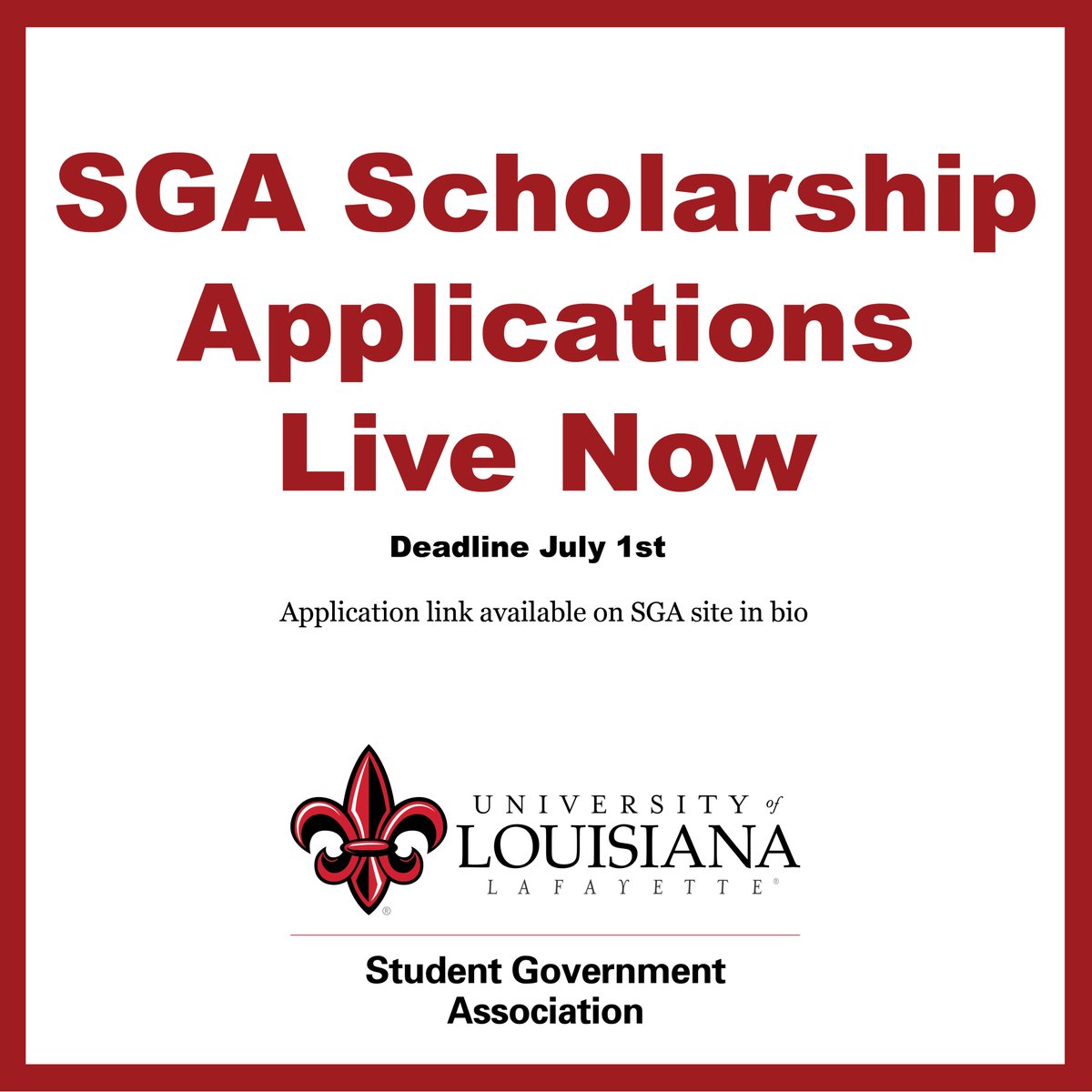 ATTENTION CAJUNS!
There are just ten short days left to apply for an SGA Scholarship! Follow the link below and apply by July 1st!

Link: sga.louisiana.edu/get-funded/sch…