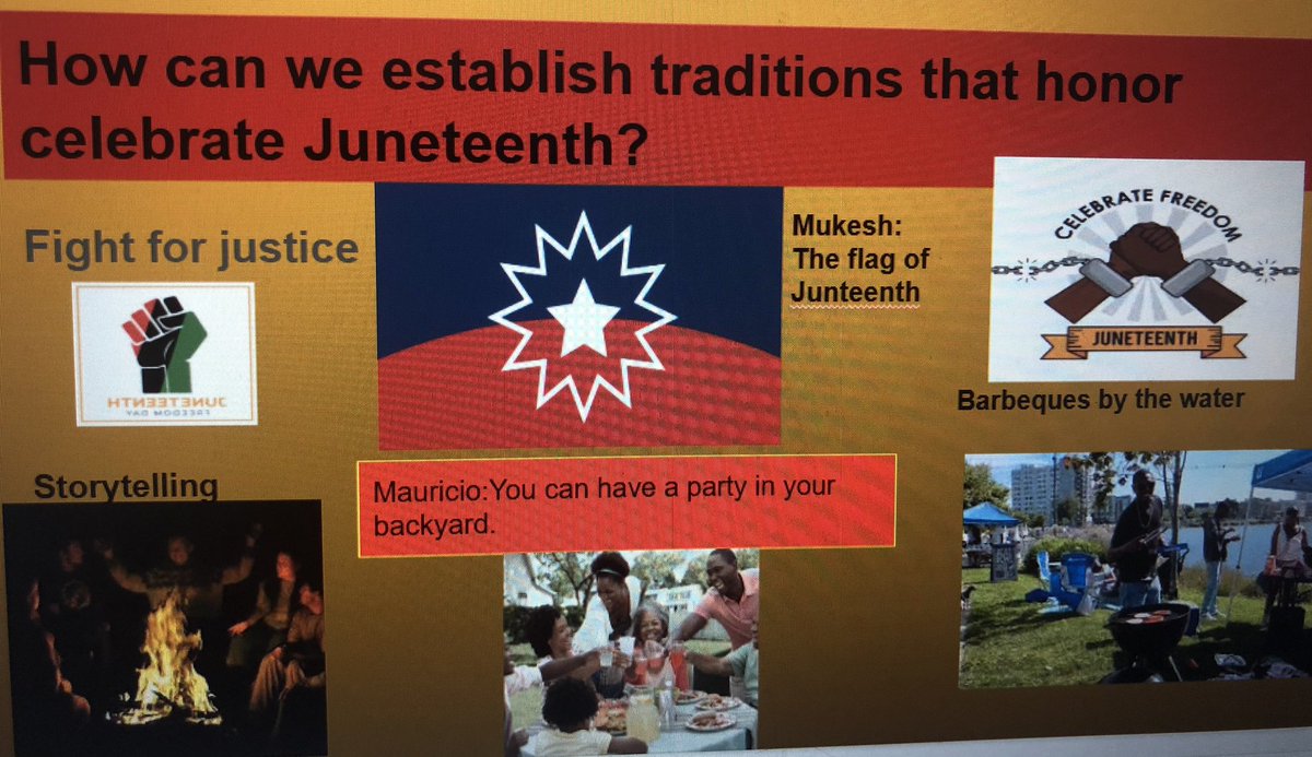 The acknowledgment of Juneteenth is long overdue and a step forward for our nation. Class 3D4 is proud to be a part of this NEW history. Check out ways our students advise you to celebrate, and establish new traditions around Juneteenth!👍