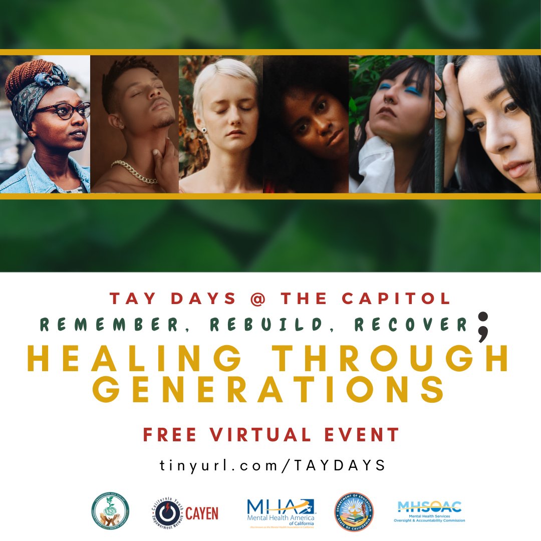 CADeptEd's tweet photo. Join @MHACalifornia's Youth Empowerment Network &amp; @MHSOAC for TAY DAYS, an event by youth, for youth. Adult allies welcome too for three days of youth-led workshops, panels, performances &amp; speakers! Tag a friend or invite an advocate below.

#Mentalhealth #youthvoice #wellness https://t.co/JOvL7Sw4ws