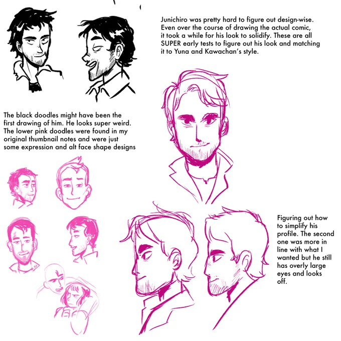 Junichiro notes. Because he was an early character I had to struggle keeping his design working with the style but once I got more comfortable, his look got more consistent. I really hate some of the early Junichiro drawings and I'm very happy I finally figured him out 