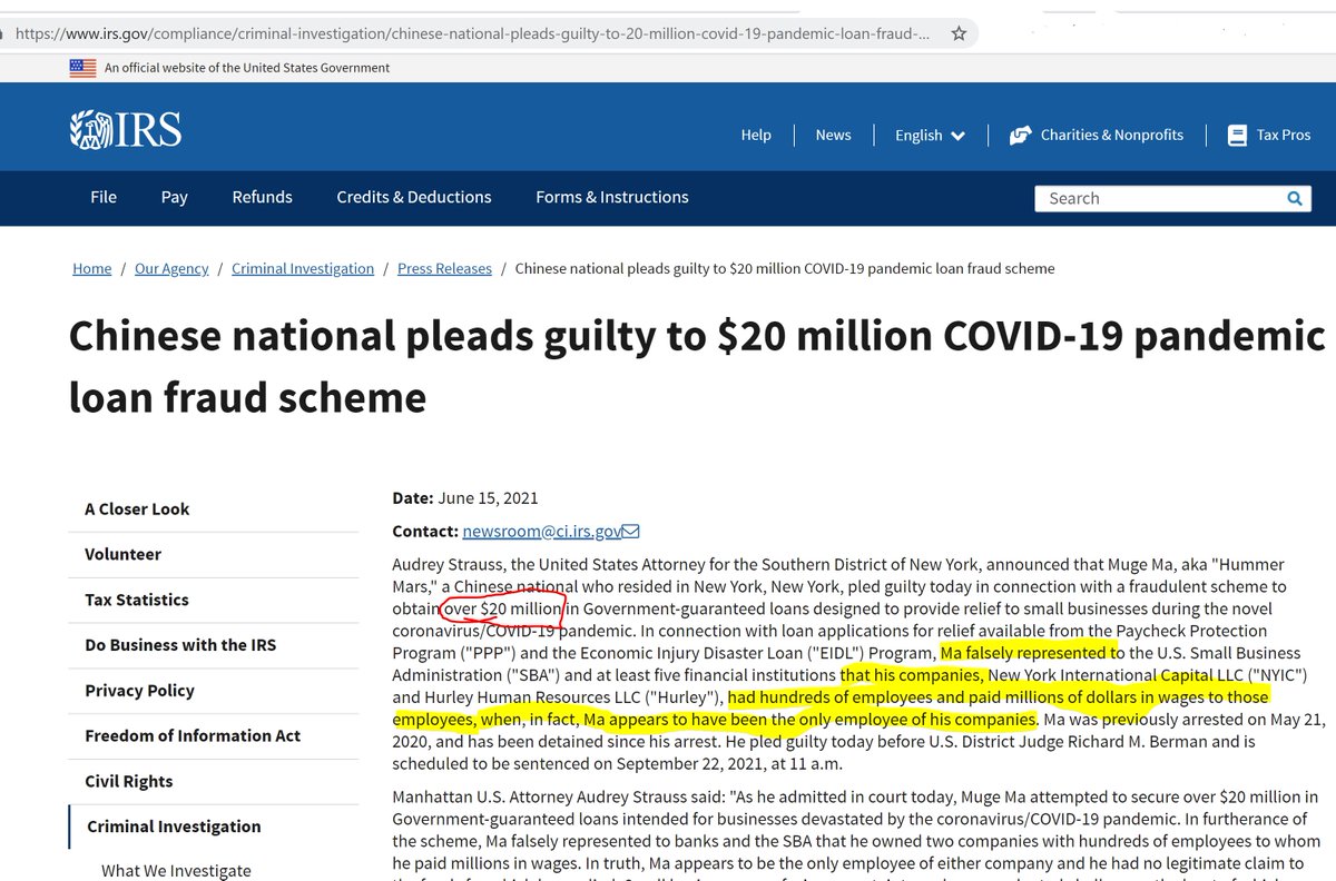 Muge Ma filed for $20 Million in PPP Loans claiming that 'New York International Capital' and 'Hurley Human Resources' had hundreds of employees and a multi-million-dollar monthly payroll.  In fact, Ma was the only employee.  #PandemicFraud #COVIDFraud #PPPScam