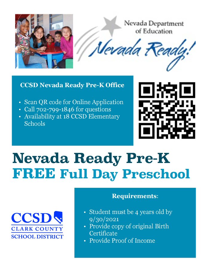 ClarkCountySch's tweet photo. CCSD parents can apply their child to Full Day Preschool now for the 2021-22 school year.

- Scan QR code for Online Application
- Call 702-799-1846 for questions
- Availability at 18 CCSD Elementary Schools

Tell your friends and family! https://t.co/dSbhDLs0TD