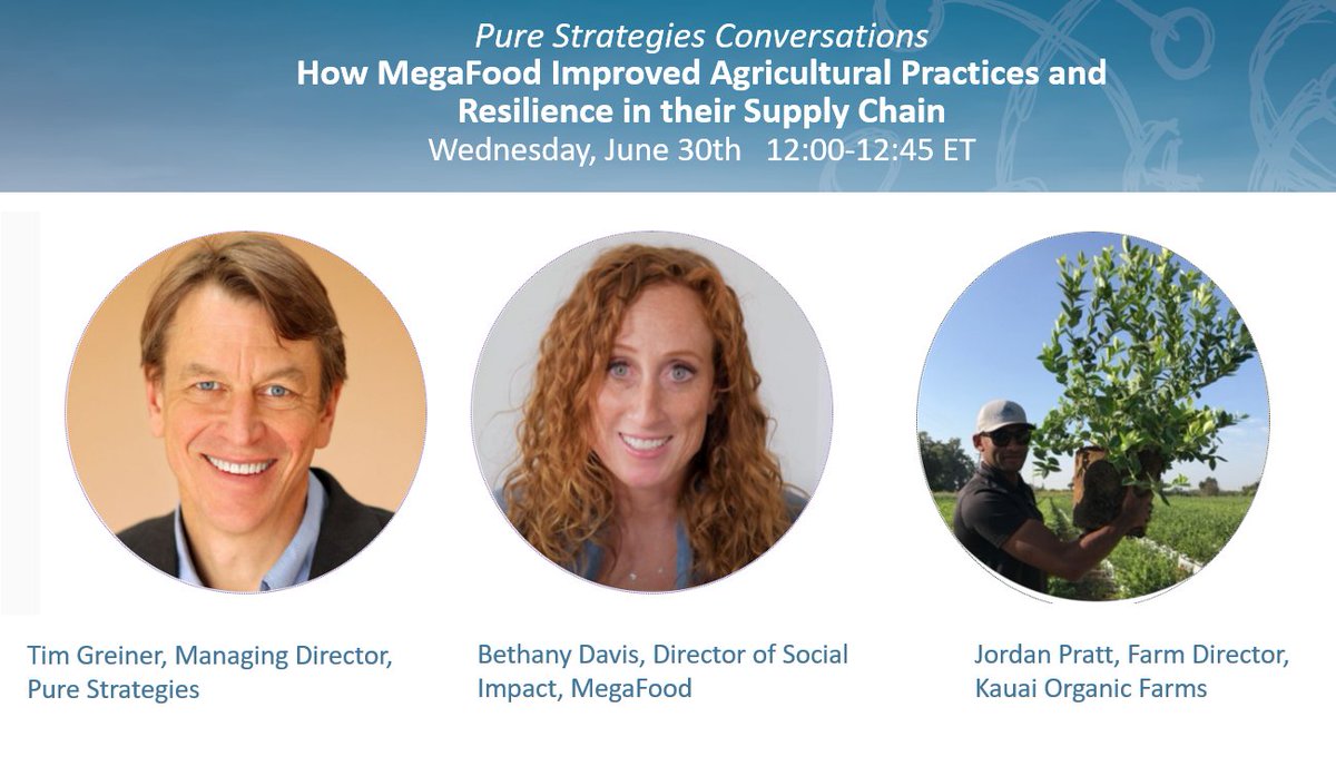 Register for <a href="/PureStrategies/">Pure Strategies</a> #webinar w/ <a href="/MegaFood/">MegaFood</a> 
&amp; Kauai Organic Farms! June 30 12PM ET. Learn about MegaFood's program to advance #RegenerativeAgriculture &amp; facilitate how farmers learn #soilhealth practices &amp; improve #environmental performance. purestrategies.com/webinars