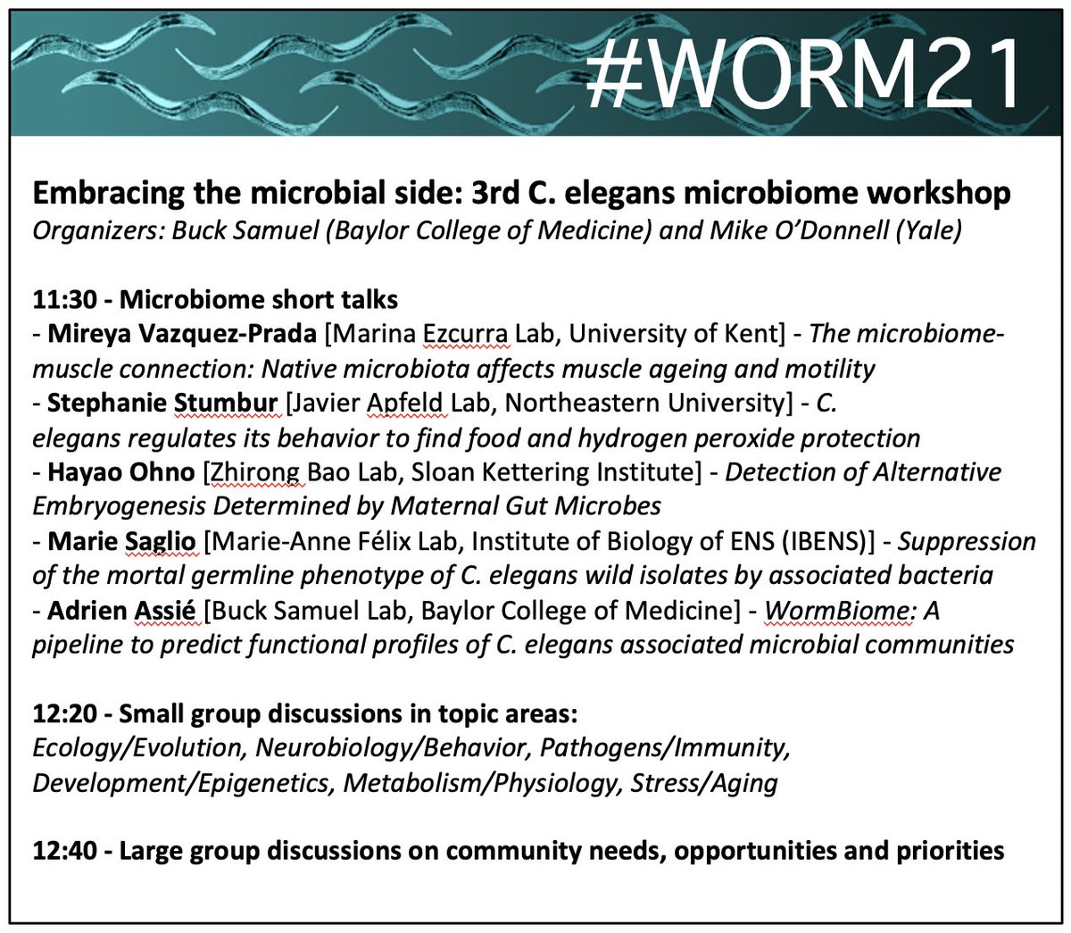 Buck Samuel (@microbeminded) on Twitter photo #worm21: Answer your #microbiome questions at the workshop Tuesday at 11:30EDT (co-org w/ <a href="/_MikeOD_/">Mike O'Donnell</a> ). It will be HIGHLY INTERACTIVE and paired with a diverse set of cool talks!
HERE: ativsoftware.com/appinfo.php?paβ¦
cc: <a href="/GeneticsGSA/">Genetics Society of America</a> <a href="/JavierApfeld/">Javier Apfeld</a> <a href="/EzcurraMarina/">Marina Ezcurra</a> <a href="/Khulunbuir/">Zhirong Bao</a> <a href="/Globular_1/">Dr. Jessica Sowa</a> #worm21: Answer your #microbiome questions at the workshop Tuesday at 11:30EDT (co-org w/ <a href="/_MikeOD_/">Mike O'Donnell</a> ). It will be HIGHLY INTERACTIVE and paired with a diverse set of cool talks!
HERE: ativsoftware.com/appinfo.php?paβ¦
cc: <a href="/GeneticsGSA/">Genetics Society of America</a> <a href="/JavierApfeld/">Javier Apfeld</a> <a href="/EzcurraMarina/">Marina Ezcurra</a> <a href="/Khulunbuir/">Zhirong Bao</a> <a href="/Globular_1/">Dr. Jessica Sowa</a>