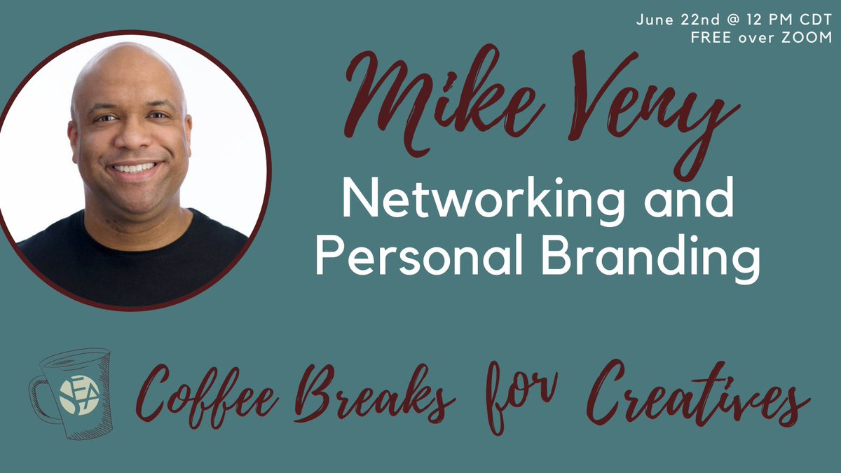 TOMORROW! Free Conversation with <a href="/MikeVeny/">Mike Veny</a> on #networking and #personalbranding Tuesday June 22nd at 12 PM CDT over Zoom. Learn more: selfemploymentinthearts.com/free-weekly-se… #freesessionsforartists #makealivingwithyourart #artcareer