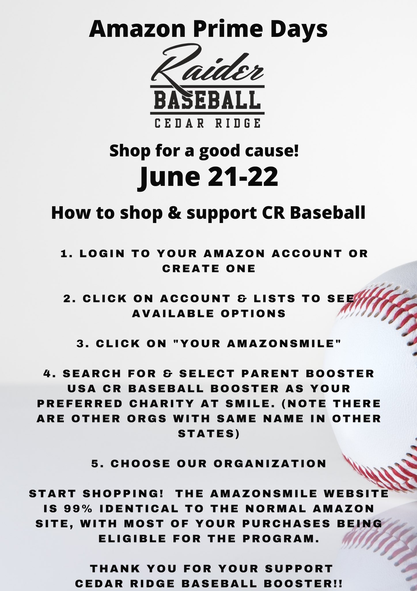 Cedar Ridge Baseball Cr Baseball Amazon Prime Days June 21 22 Shop For A Good Cause A Portion Of The Proceeds Go To Crbbc To Help Support Our Raider Baseball Program