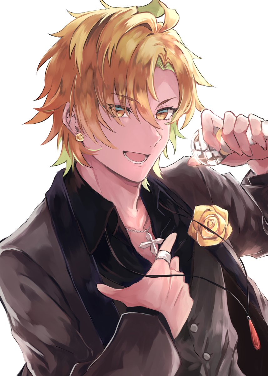 1boy jewelry male focus necklace blonde hair yellow rose flower  illustration images