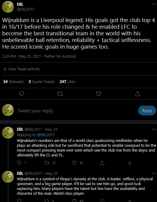 EBL2017's tweet photo. It all brings a tear to the eye. Gini quite simply didn't get injured, is a world class tactical option + proven world class goalscorer from midfield AND a leader who set the standards every day.

FSG have blood on their hands (as the kids say). Gone but not forgotten @GWijnaldum https://t.co/YJ3WVRvAKT