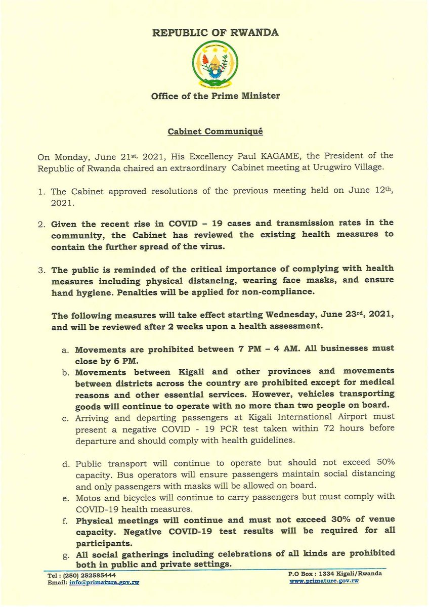 PrimatureRwanda's tweet photo. Statement on Cabinet Resolutions of 21/06/2021 https://t.co/qdwXeyhbsB