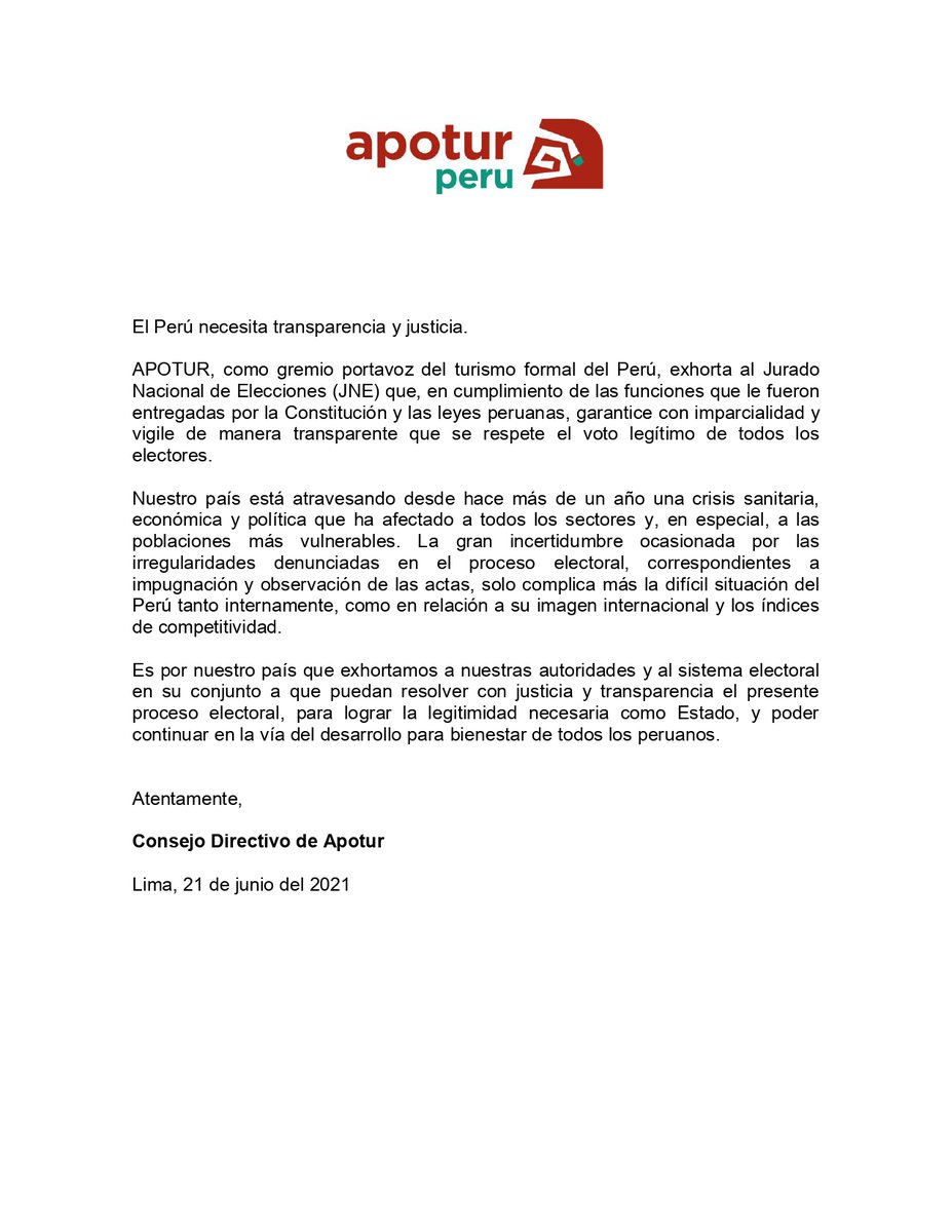 Pronunciamiento de #ApoturPerú