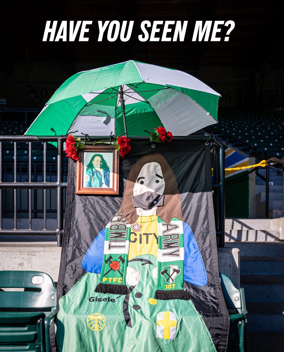 timbersarmy's tweet image. 🚨The Gisele Currier memorial banner is missing. It was last seen in the terrace at the top of Section 107 in an open cardboard box (along with a framed picture of Gisele plus sunflowers and roses) at the end of the Timbers match on Saturday. #RCTID