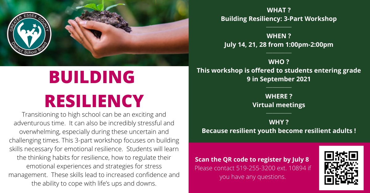 This 3-part workshop is open to students entering grade 9 and focuses on building the skills necessary for emotional resilience. Scan the QR code or click here to register: bit.ly/3xyhXty

Sign up before July 8, 2021!🌱