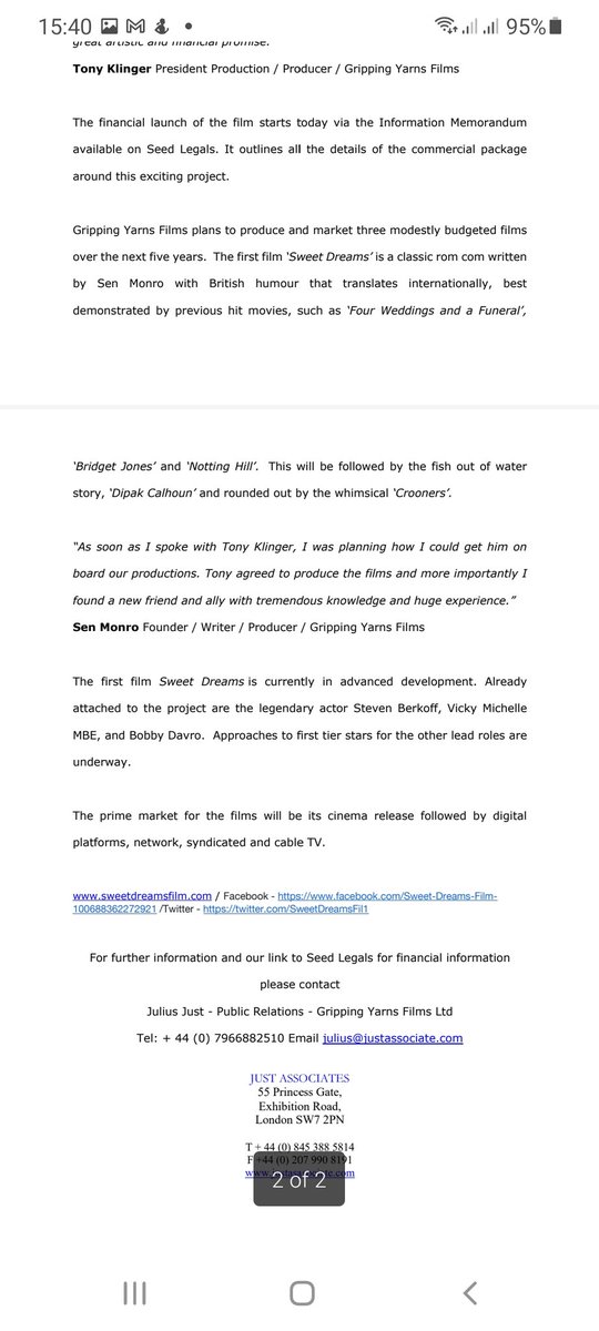 Our press release regarding our slate of films 
<a href="/esrlag/">ESRL Creative Agency</a> <a href="/JCMmanagement85/">JCM Management</a> <a href="/Senar1/">Sen Monro</a> <a href="/sen_monro/">Sen Monro</a> <a href="/TonyKlinger_Bks/">Tony Klinger</a> #sweetdreamsfilm <a href="/warnerbros/">Warner Bros.</a> <a href="/DisneyStudios/">Walt Disney Studios</a> <a href="/20thcentury/">20th Century Studios</a> <a href="/ITV/">ITV</a> <a href="/BBC/">BBC</a> <a href="/Channel4/">Channel 4</a>