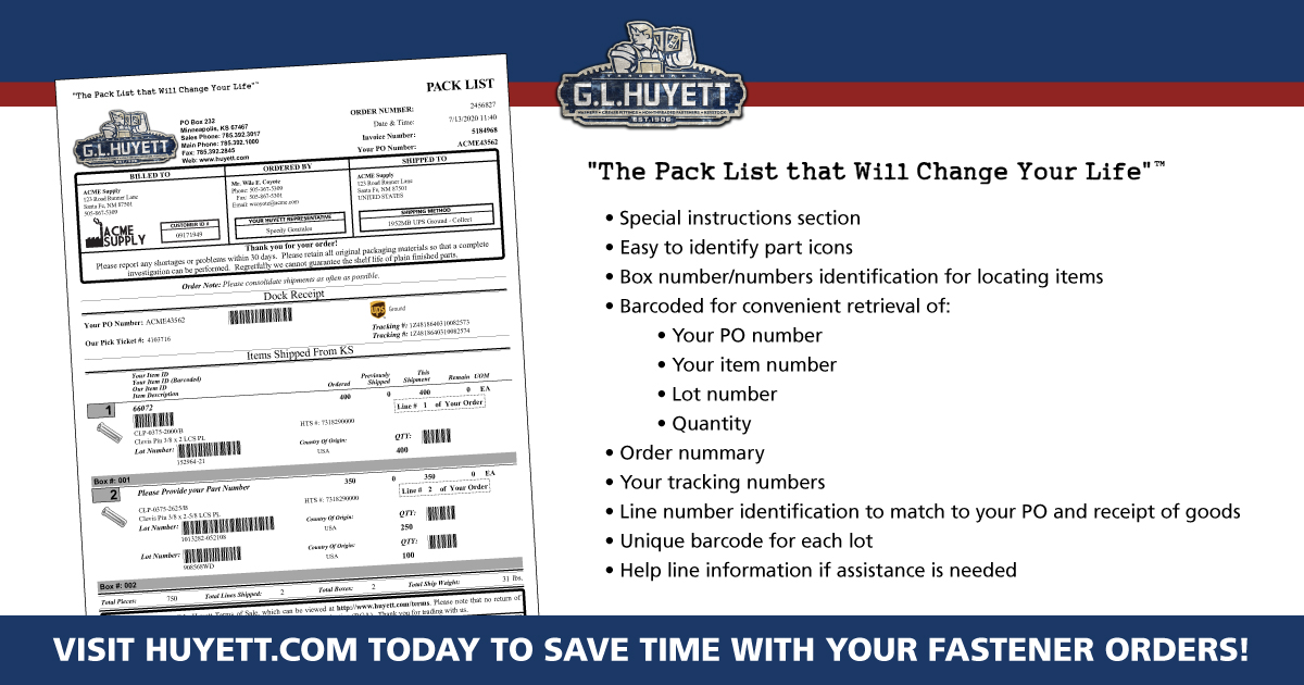 GLHuyett's tweet image. We designed this Pack List to save you time in identifying parts, reconciling to your Receipt of Goods, and insuring correct data input through the use of customer-specific barcoding. hubs.ly/H0Qwnv50 #packlist #fasteners