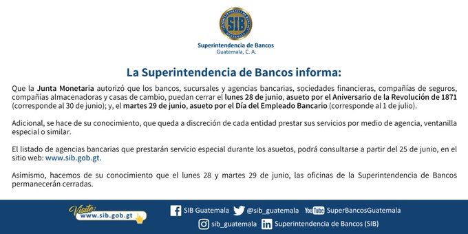 Aniversario de la RevoluciÃ³n de 1871, DÃ­a del empleado bancario, SIBGuatemala, asuetos, feriados