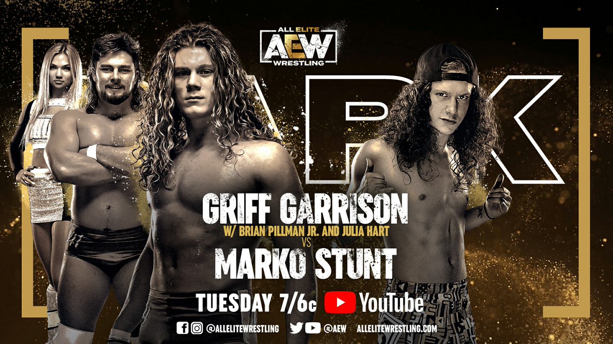AEW's tweet photo. #AEWDark airs TOMORROW at 7/6c - https://t.co/BrjjA2FDJn
- @SexyChuckieT w/ @orangecassidy, @callmekrisstat & @trentylocks vs #DanBerry
- @ashley_damboise vs @DiamanteLAX
- @griffgarrison1 vs @realmarkostunt
- @ashley__vox vs @abadon_AEW https://t.co/4vjpeL82kQ