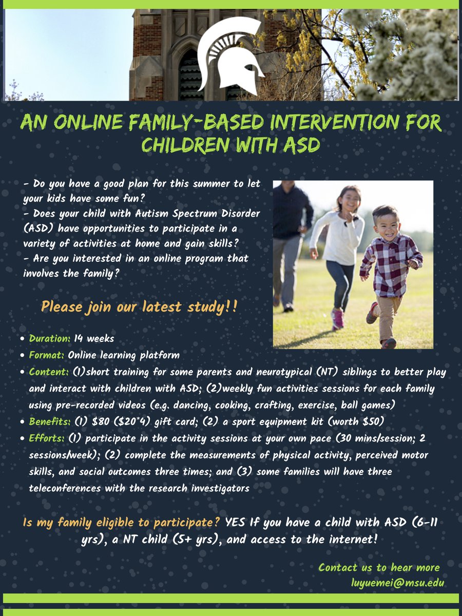 MSU_KGSO's tweet photo. An exciting ASD intervention opportunity - an online family-implemented intervention for children with ASD. For more information, please contact luyuemei@msu.edu. https://t.co/L9n2xymIvM