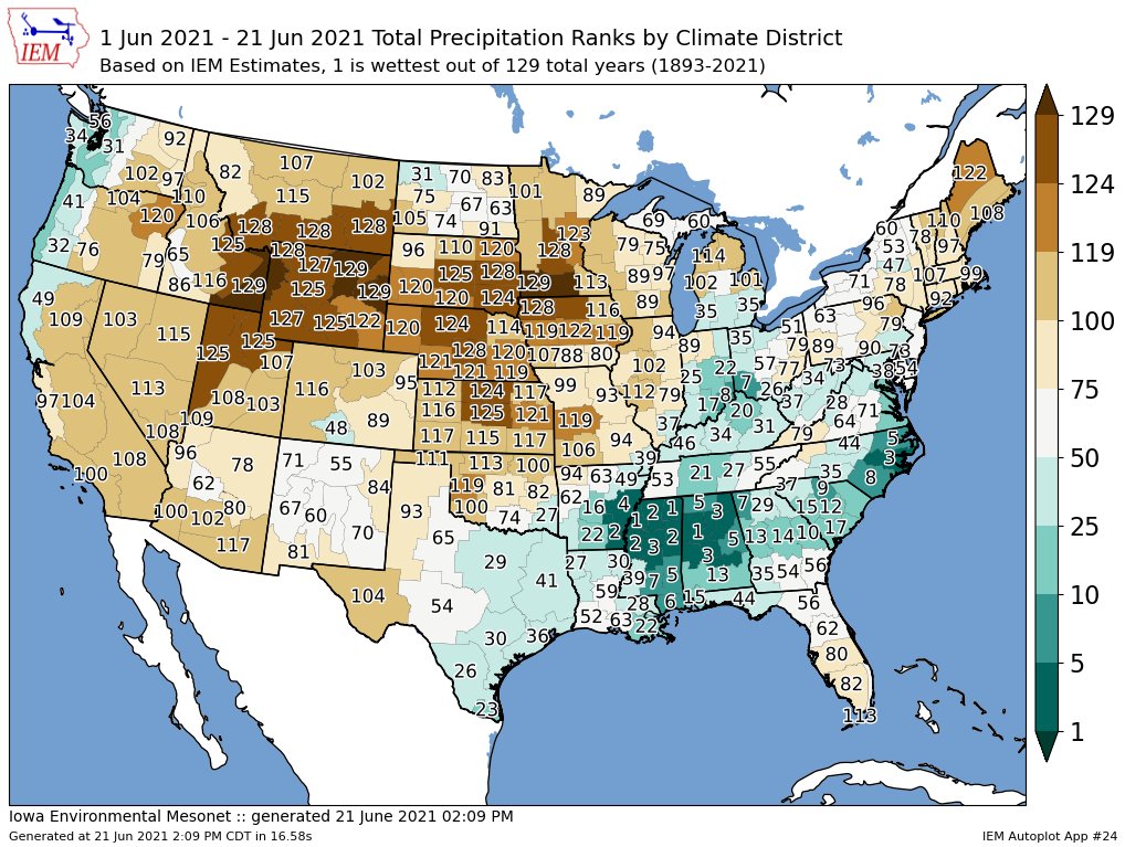 ArlanFF101's tweet photo. Rainfall ranks by climate reporting district for June to date. #corn #soybeans #wheat #oatt https://t.co/XhIvIFFFbV