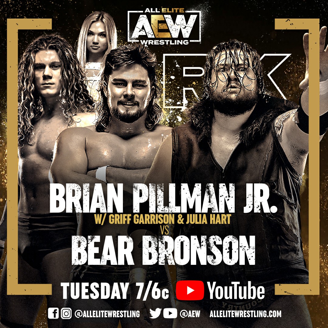 AEW's tweet photo. #AEWDark airs TOMORROW at 7/6c - https://t.co/BrjjA2o2kN
- @FlyinBrianJr with @griffgarrison1 and @TheJuliaHart vs @bearbronsonBC
- #RexLawless vs #MurderhawkMonster #LanceArcher (@LanceHoyt) with @JakeSnakeDDT https://t.co/58OOpDCMPV