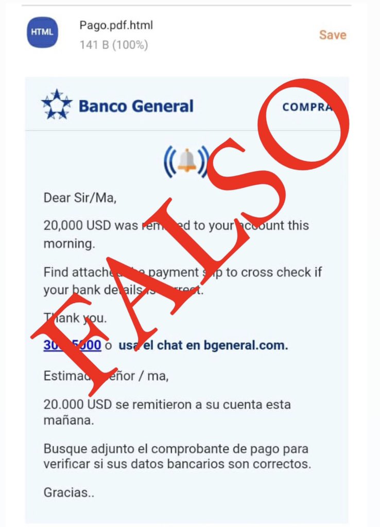 bancogeneral's tweet photo. ⚠️Está circulando un correo falso a nombre de Banco General con un adjunto llamado Pago. 

No abra el adjunto y borre el correo inmediatamente. https://t.co/0qQM8RmCbD