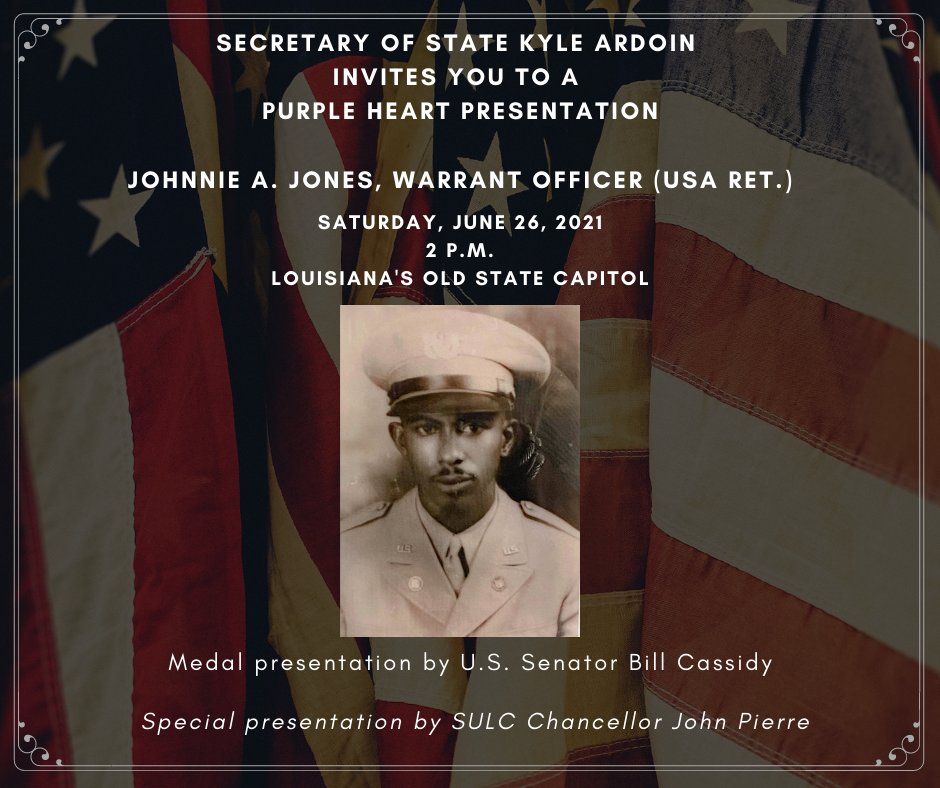 LaOSC's tweet photo. This Saturday local World War II veteran and Civil Rights icon, Johnnie Jones will finally receive his Purple Heart medal, 77 years after being injured during the D-Day invasion. More info at https://t.co/Ae9CcCb3gM

#Veterans #purpleheart #WWII https://t.co/cq6gNrouDz