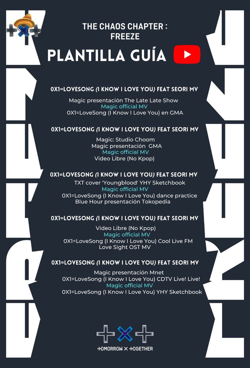 HechoEnMx_TXT's tweet photo. ▶️| PLANTILLA STREAM YOUTUBE 🔴

MOA✨ Aquí les presentamos una plantilla para guiar su stream.

Es importante aclarar: NO es una playlist, deben buscar cada video manualmente e interactuar con ellos.

Esperamos que les sea de utilidad ❣️ 
#0X1LOVESONG #TXT_Magic @TXT_members https://t.co/71X9RZ05E7