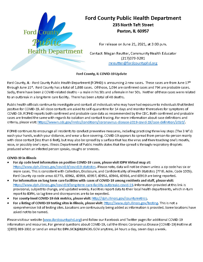 FCPHD1's tweet photo. Ford County Public Health Department is announcing 2 new cases. Ford County has a total of 1,888 cases. Of those, 1,094 are confirmed cases and 794 are probable cases. There have been 48 COVID-19 related deaths. https://t.co/agIAk7wsN2